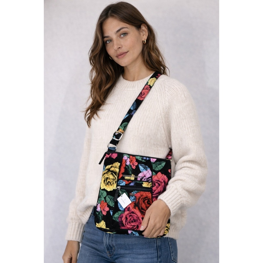 Vera‎ Bradley Triple Zip Hipster Crossbody Bag Floral Butterfly Quilted Black